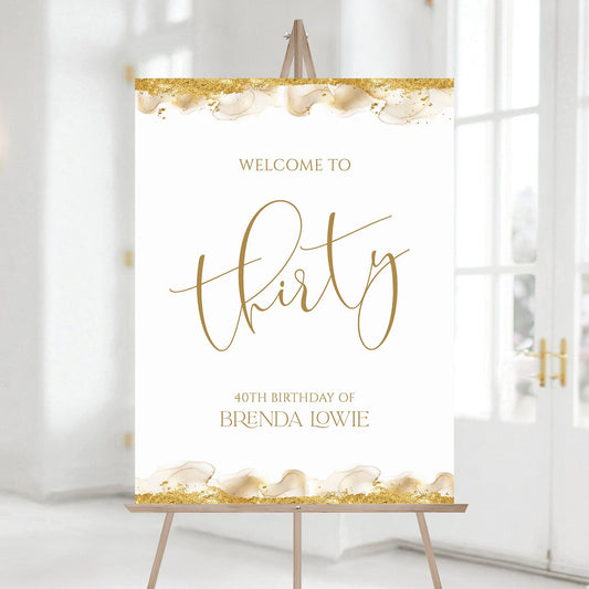 Gold Foil Glitter 30th Thirty Birthday Party Welcome Sign, Editable Template, Printable Birthday Welcome Sign Chart, DIY Gold Board Poster