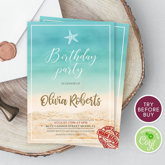 Beach Party Invitation Template | Editable Birthday Invite | Instant Download