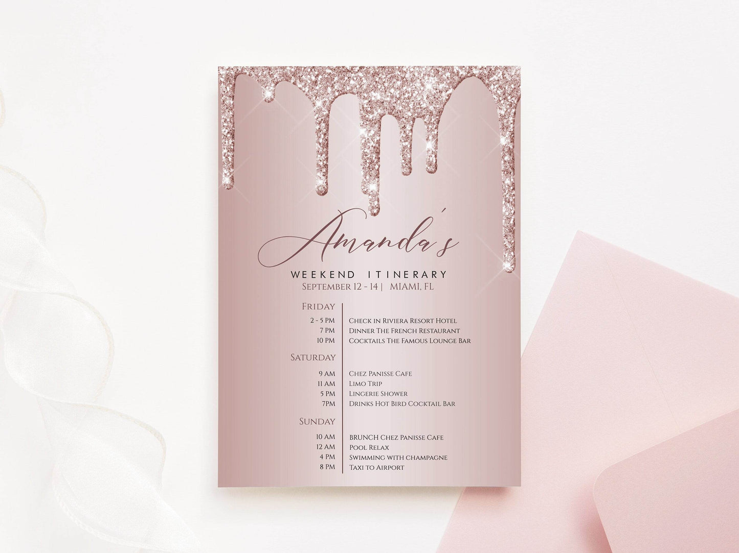 Printable Bachelorette Weekend Itinerary Invitation, Rose Gold Glitter Editable Birthday Weekend Itinerary, Hens Party, DIY Digital Template