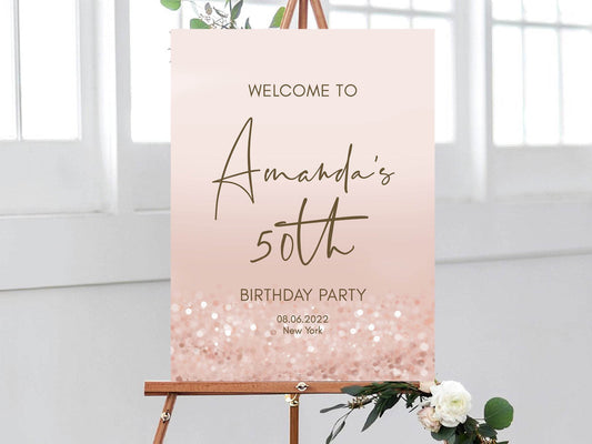 Printable 50th Birthday Welcome Sign, Editable Rose Gold Pink Confetti Party Sign, Modern 50th Birthday Decor, Instant Download Template