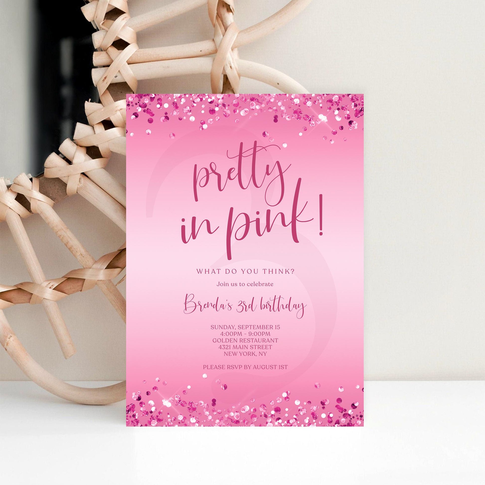 Pretty in Pink 3rd Girl Birthday Invitation Template | Editable & Printable