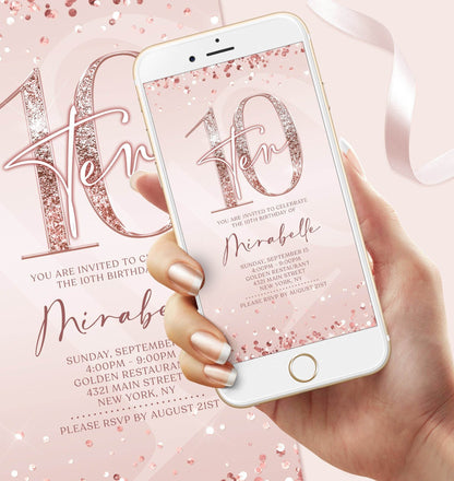 Digital Pink 10th Girl Birthday Invitation Template – Electronic Rose Gold Ten Birthday Evite | Mobile Party Invite | Instant Download