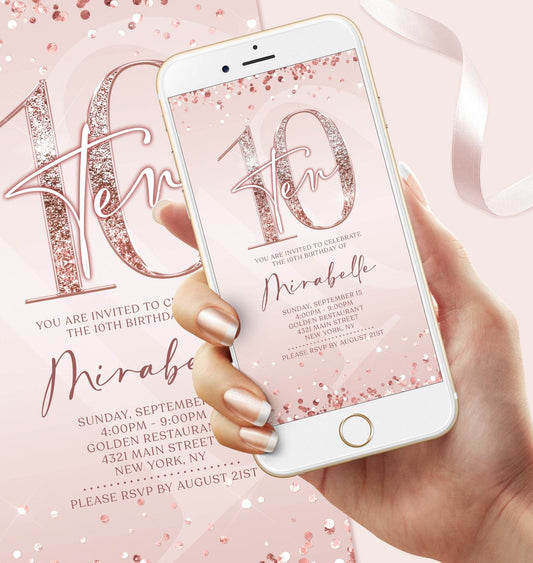 Digital Pink 10th Girl Birthday Invitation Template – Electronic Rose Gold Ten Birthday Evite | Mobile Party Invite | Instant Download