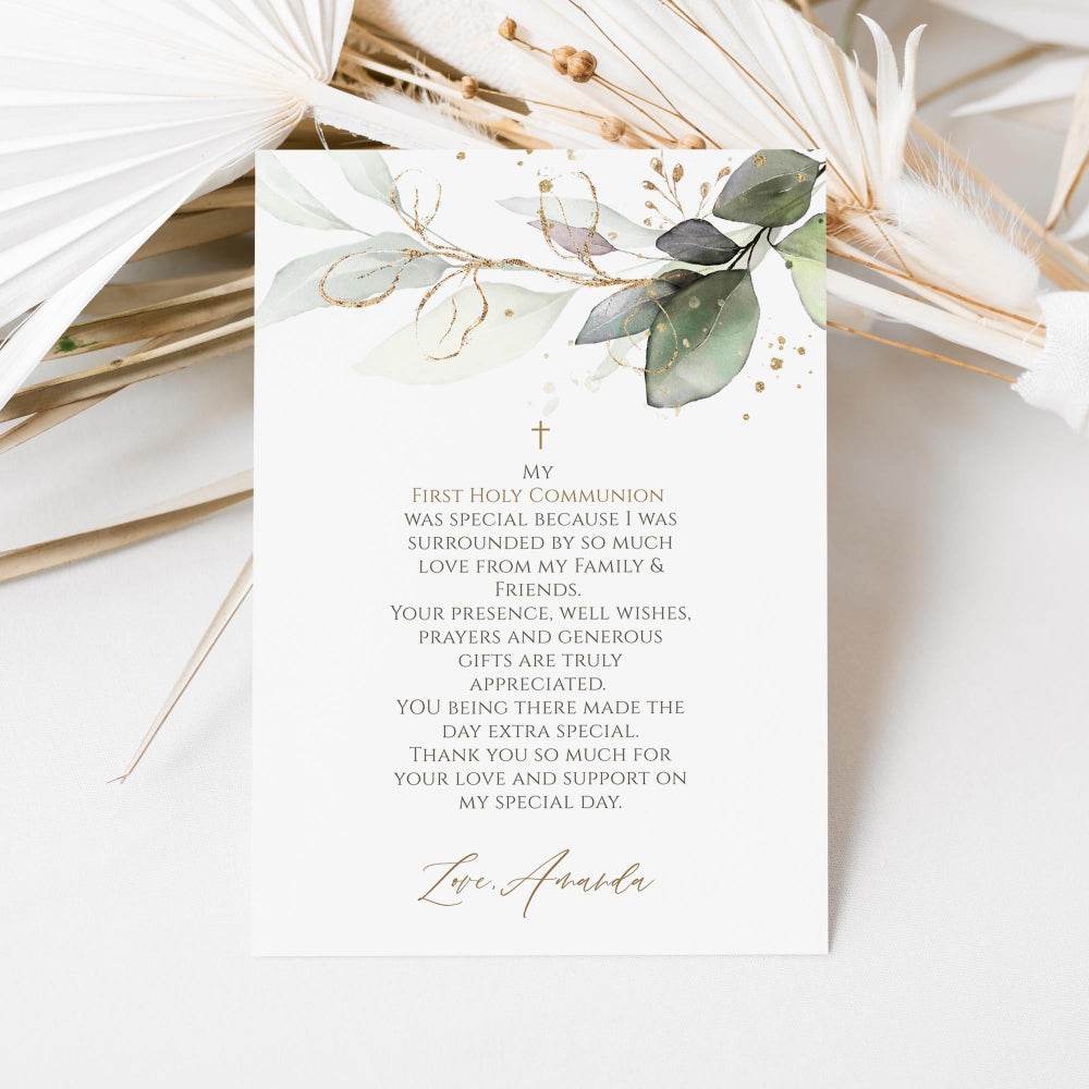 Editable Thank You Card Template | First Holy Communion & Baptism Thank You | Printable Eucalyptus Greenery Design | Instant Download