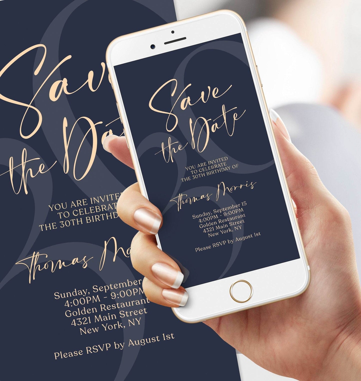Digital Save the Date Invitation Template, Editable Navy Men’s Birthday Evite, Electronic Text-Message E-Card, Instant Download