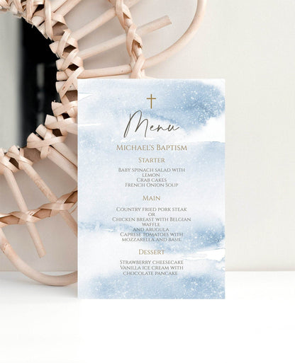 Baptism Menu Template, Printable Blue Watercolor Christening Menu, Editable Boys Baptism Menu, Blue and Gold Digital DIY Template