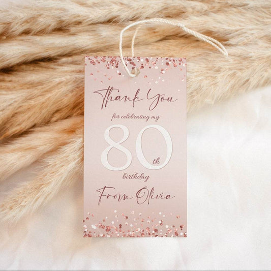 80th Birthday Favor Tags – Editable Rose Gold Confetti Thank You Tags | Printable Birthday Gift Tags | Any Age Party Favor Label | Instant Download