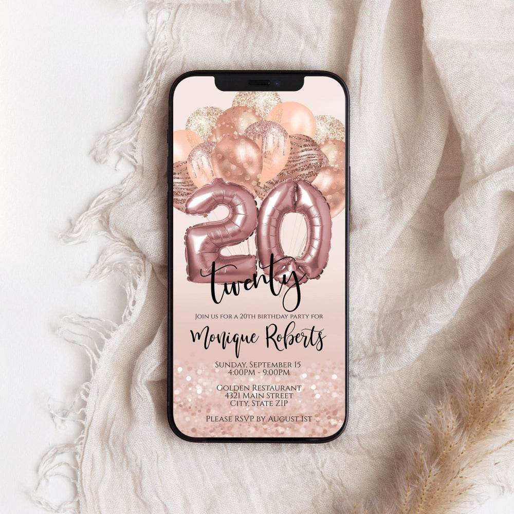 20th Birthday Electronic Invitation, Editable Twenty Birthday Phone Evite, Email SMS Text Message Digital Invite, Instant Download DIY Template