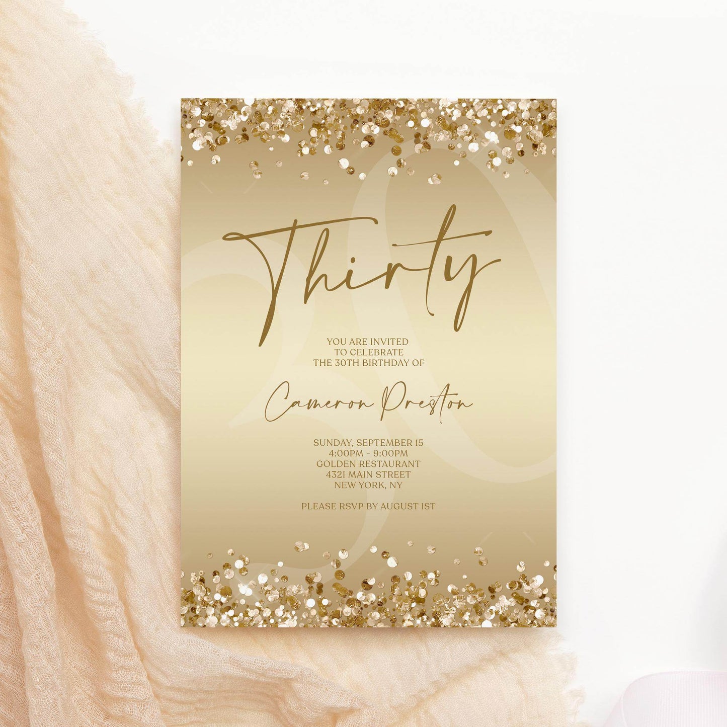 Gold Thirty 30th Invitation Template Printable, Editable Gold Confetti 30th Birthday Invite, Email Text Message, Ladies Surprise Party Card