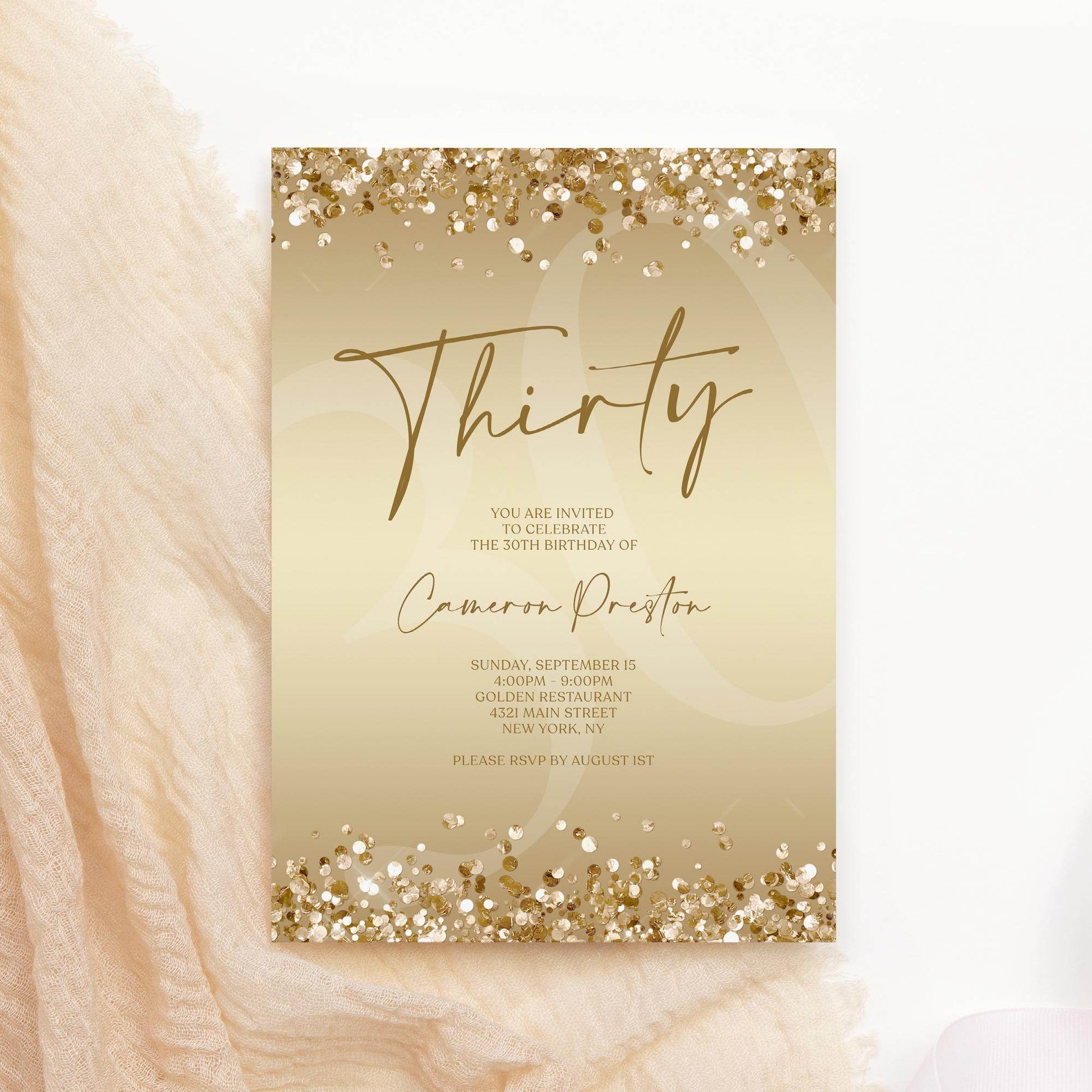 Gold Thirty 30th Invitation Template Printable, Editable Gold Confetti 30th Birthday Invite, Email Text Message, Ladies Surprise Party Card