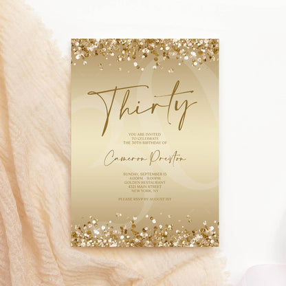 Gold Thirty 30th Invitation Template Printable, Editable Gold Confetti 30th Birthday Invite, Email Text Message, Ladies Surprise Party Card
