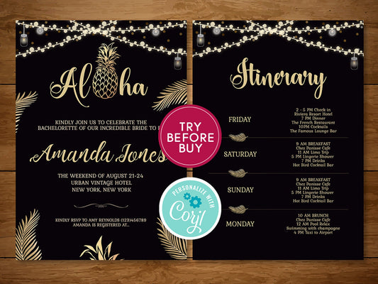 Aloha Bachelorette Party Invitations, Tropical Bachelorette Party Invitation with Itinerary, Black Gold Bachelorette Weekend Invite Editable