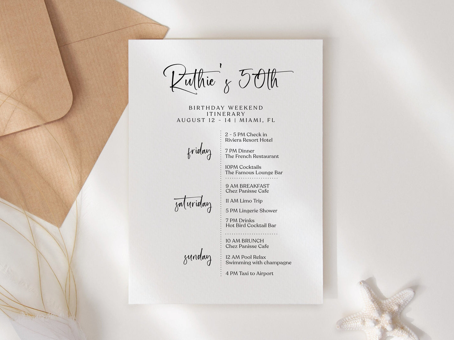 Editable 50th Birthday Weekend Itinerary Template, Printable Minimalist Party Schedule, DIY White Birthday Weekend Planner, Instant Download