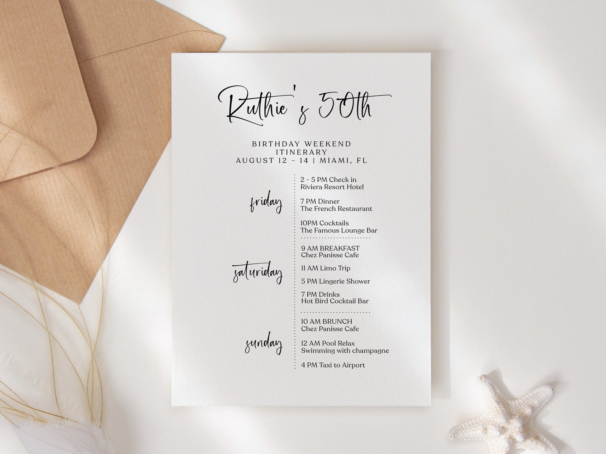 Editable 50th Birthday Weekend Itinerary Template, Printable Minimalist Party Schedule, DIY White Birthday Weekend Planner, Instant Download