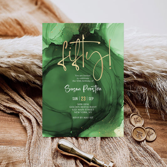 Green Emerald Gold 50th Fifty Birthday Invitation Template, Printable Woman Dinner Party Invite, Editable Surprise Invite, Digital Download