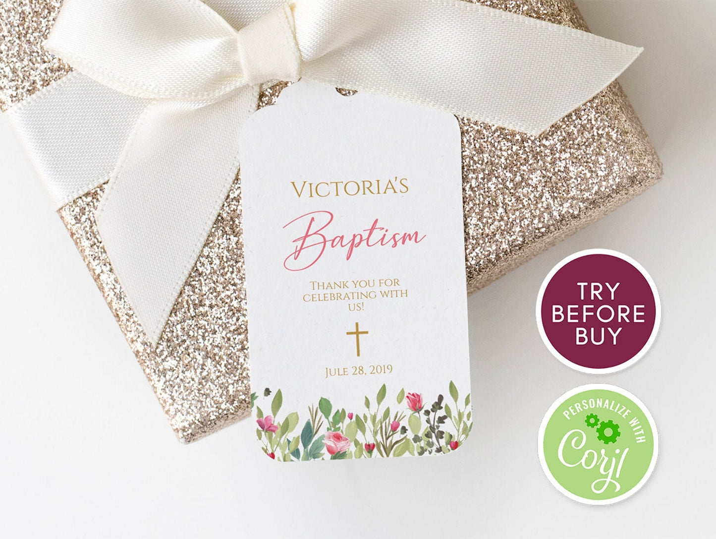 Baptism Thank You Tag Template, Instant Download, Editable Printable Baptism Tag, Spring Floral Christening Favor Tag, Gold Cross DIY Tag