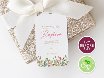 Baptism Thank You Tag Template, Instant Download, Editable Printable Baptism Tag, Spring Floral Christening Favor Tag, Gold Cross DIY Tag
