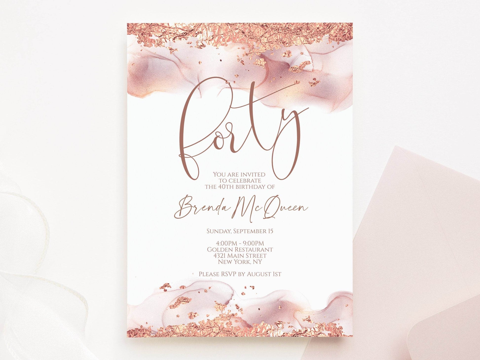 Rose Gold 40th Birthday Invitation Template | Editable Forty Women Birthday Card | Printable Rose Gold Foil Invite | Text Message Digital Download