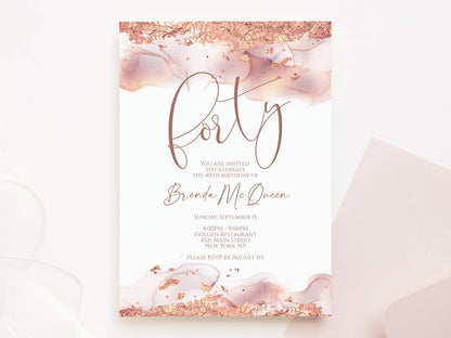 Rose Gold 40th Birthday Invitation Template | Editable Forty Women Birthday Card | Printable Rose Gold Foil Invite | Text Message Digital Download