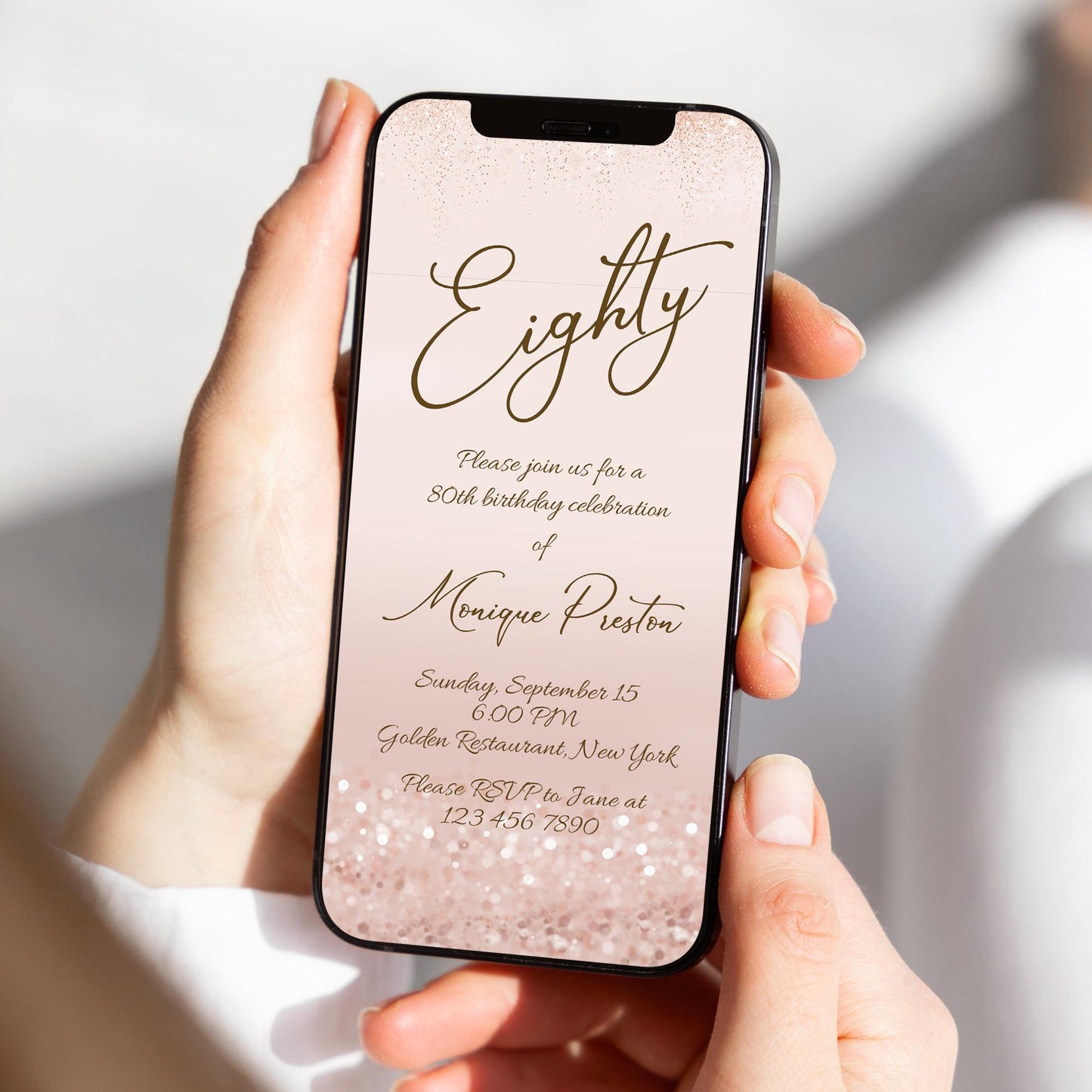 Digital Rose Gold 80th Eighty Invite template, Electronic Rose Gold Confetti editable 80th Birthday Text Message Evite, Phone invitation