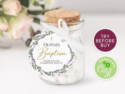 Lavender Flowers Thank You Baptism Round Tag, Printable First Communion Favor Tag, Gold Girl Baptism, Christening Tag Instant Download DIY
