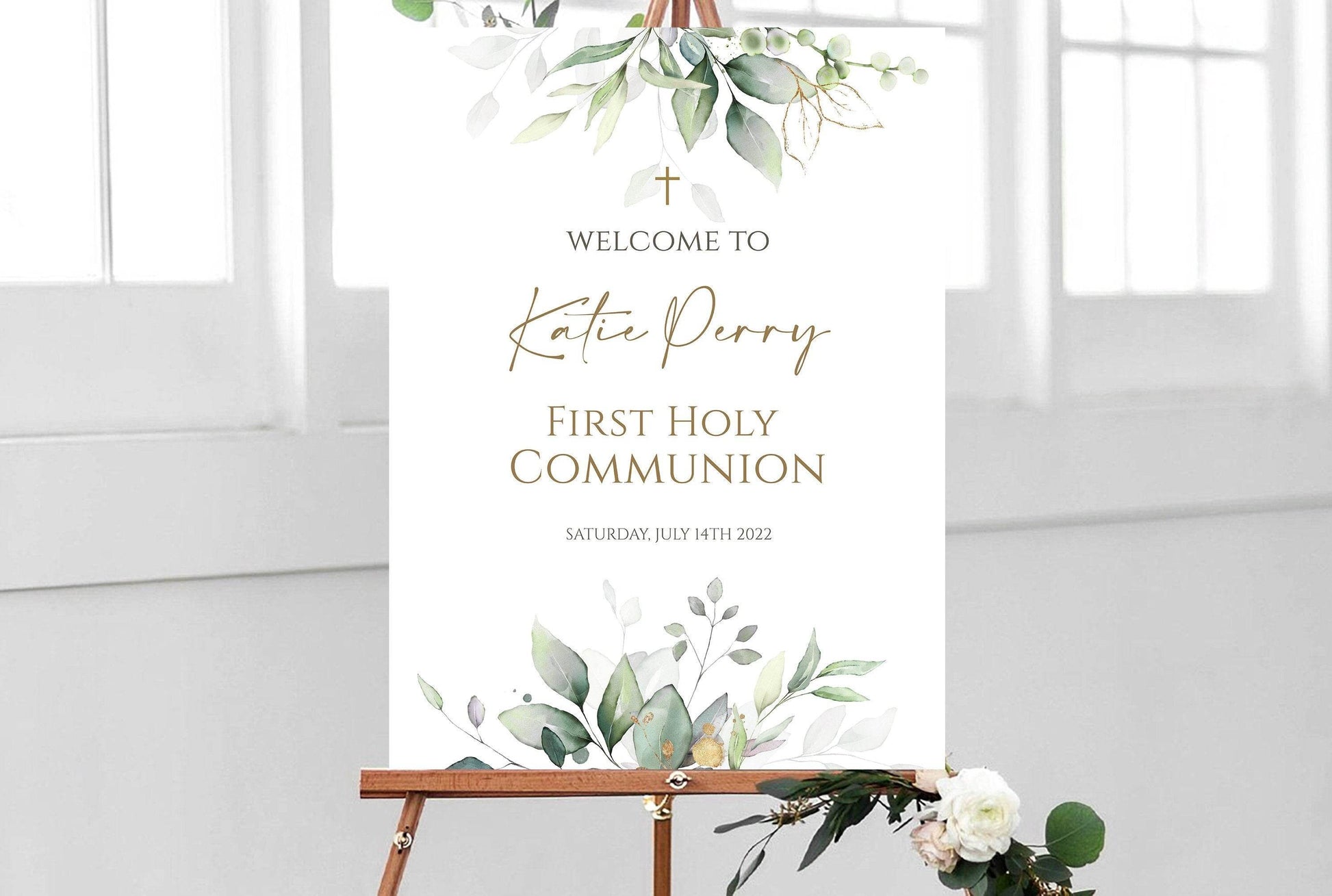 Greenery Communion Welcome Sign, First Holy Communion Poster, Eucalyptus Gold Leaves, Sage Leaves, Boho Cross Welcome Template, Boy or Girl