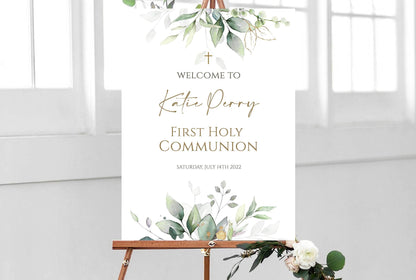 Greenery Communion Welcome Sign, First Holy Communion Poster, Eucalyptus Gold Leaves, Sage Leaves, Boho Cross Welcome Template, Boy or Girl