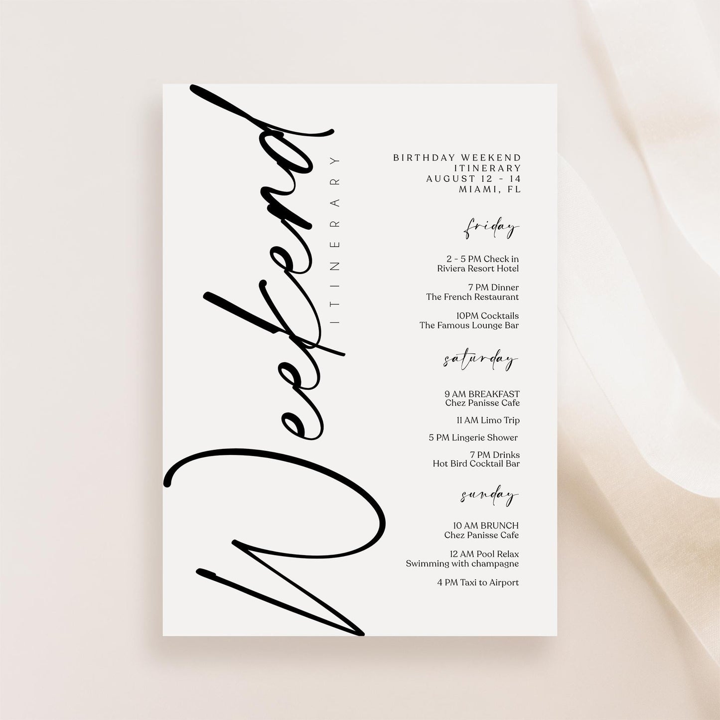 Weekend Itinerary Template | Editable & Printable | Bachelorette & Birthday - MagicalEventCo