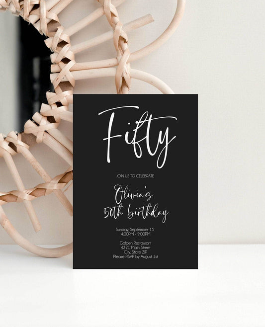 Minimalist 50th Birthday Invitation, Birthday Invite, Black Modern Birthday Invitation, Instant Download Template, DIY Simple Fifty Birthday