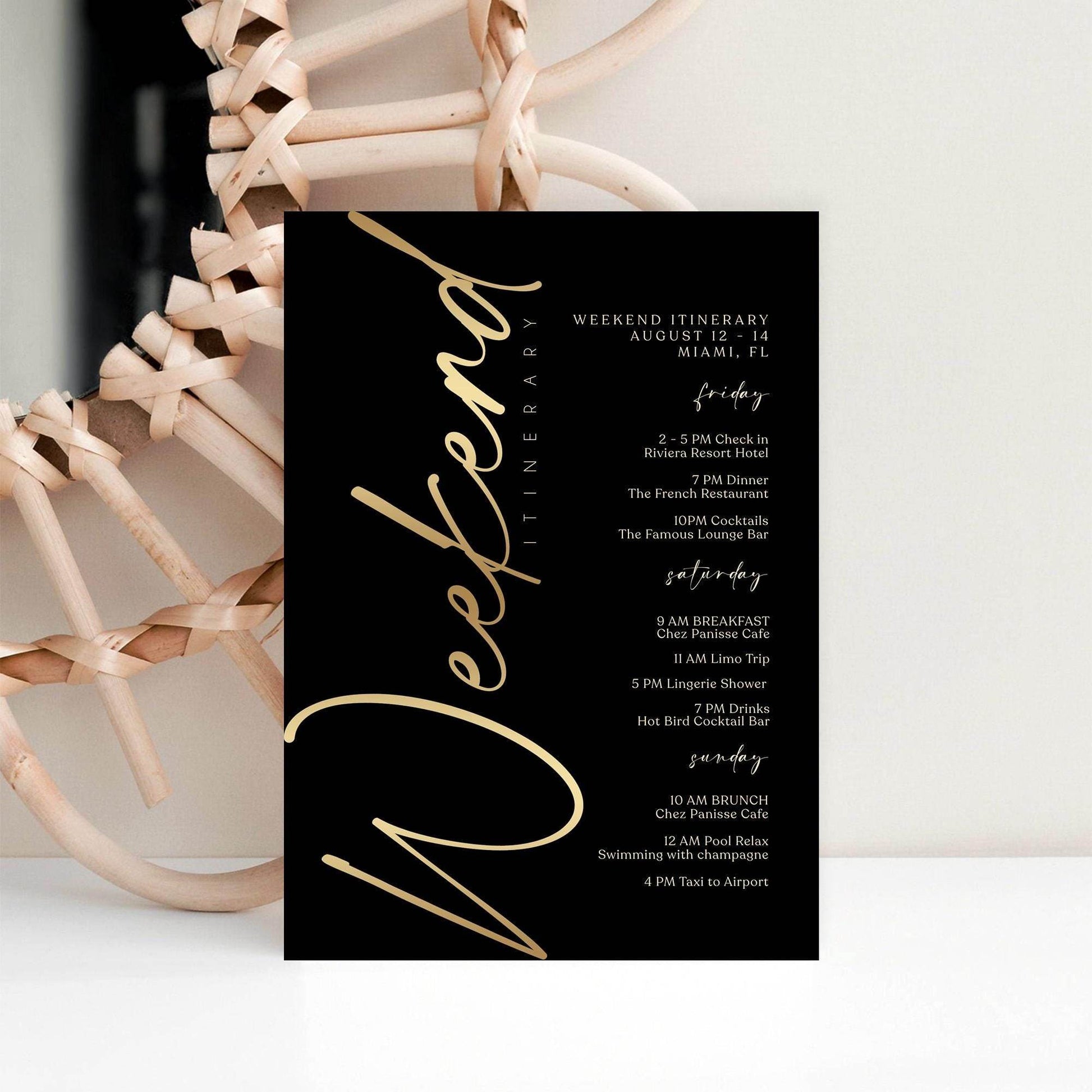 Black Gold Weekend Itinerary Template, Editable Birthday or Bachelorette Schedule, Printable Weekend Event Planner, Instant Download