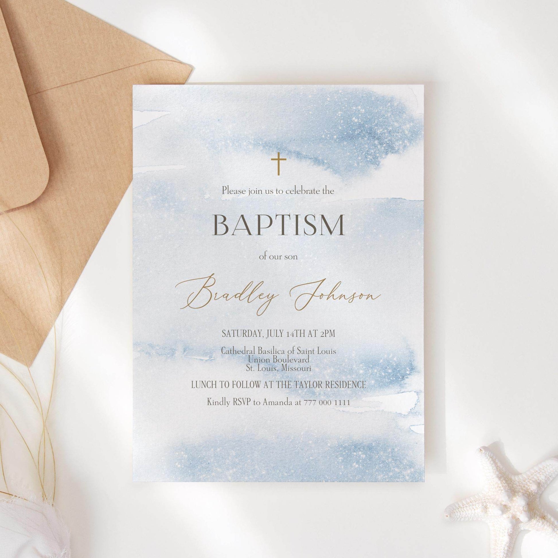 Boy Baptism Invitation Template | Blue Watercolor Editable Invite | Printable Christening Invitation | Text Message or Email | Instant Download