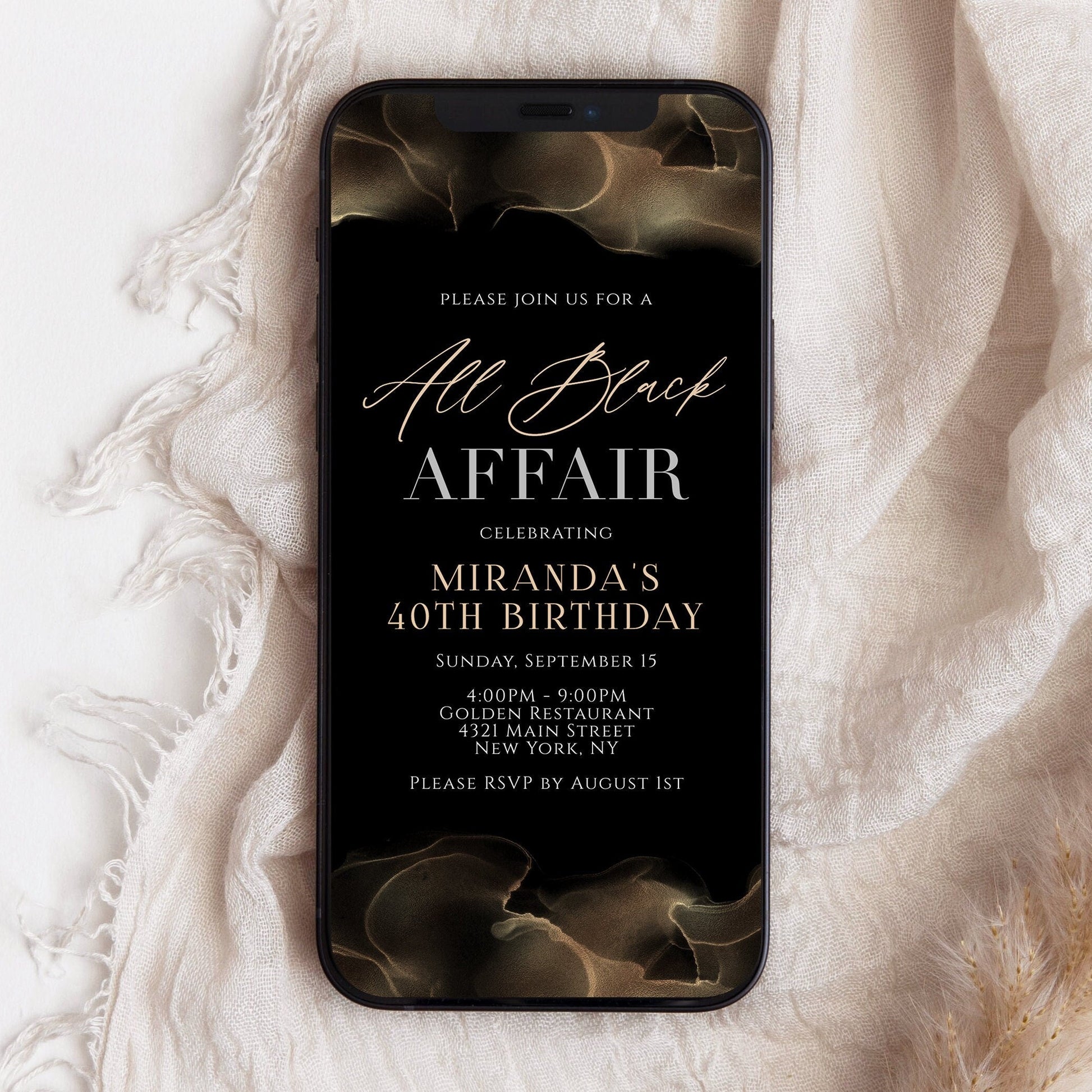 Electronic All Black Affair Invitation Template – Editable Formal Black Digital Party Evite – All Black Theme E-Invite – Text Message or Email – Instant Download