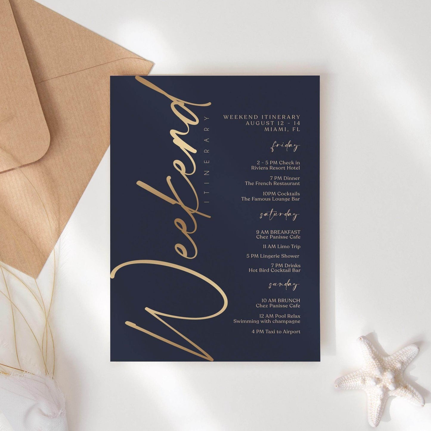 Editable Navy & Gold Weekend Itinerary Template – Elegant Printable Event Schedule | Birthday or Anniversary Weekend Planner | Instant Download