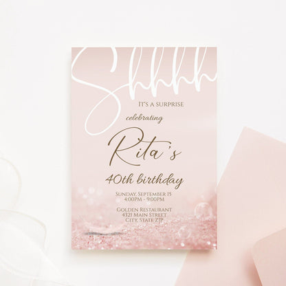 Shhh It’s a Surprise 40th Birthday Invitation – Rose Gold Template, Editable Forty Surprise Party Invite – Corjl Download, Luxury Rose Gold Birthday Invitation – Printable 5x7 Card, Modern 40th Surprise Party Template – Faux Glitter Design, Digital Rose Gold 40th Invite – Editable Birthday Card, Elegant Surprise Invitation – Rose Gold and White Design, Printable Milestone Birthday Invite – 40th Surprise Template, Customizable Birthday Invitation – Rose Gold Canva Template