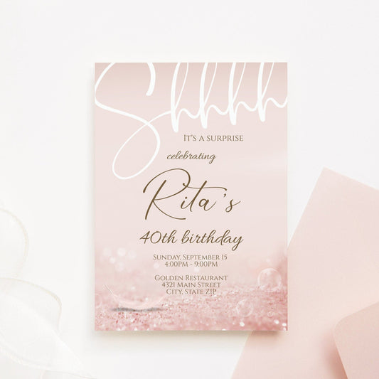 Shhh It’s a Surprise 40th Birthday Invitation – Rose Gold Template, Editable Forty Surprise Party Invite – Corjl Download, Luxury Rose Gold Birthday Invitation – Printable 5x7 Card, Modern 40th Surprise Party Template – Faux Glitter Design, Digital Rose Gold 40th Invite – Editable Birthday Card, Elegant Surprise Invitation – Rose Gold and White Design, Printable Milestone Birthday Invite – 40th Surprise Template, Customizable Birthday Invitation – Rose Gold Canva Template