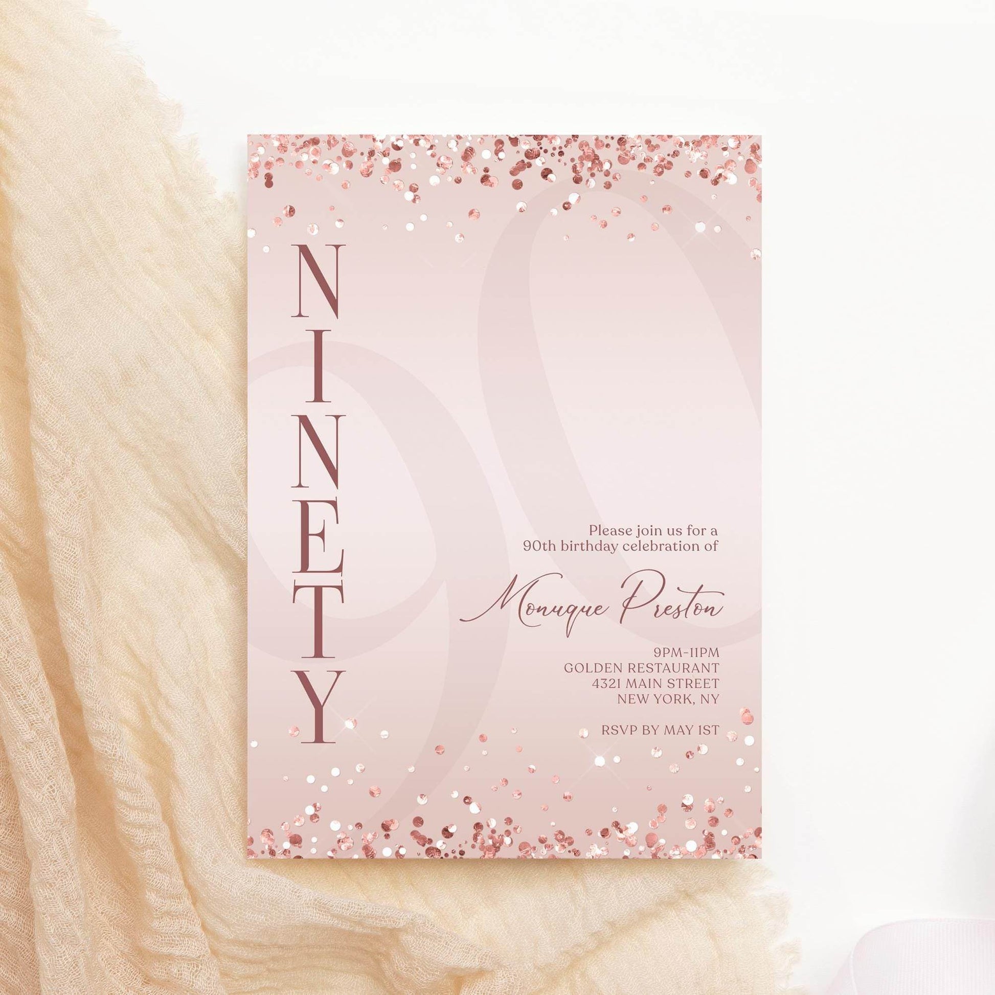 Pink Rose Gold 90th Birthday Invitation Template – Editable Ninety Birthday Party Invite – Printable Surprise Party Card – Email & Text Digital Download