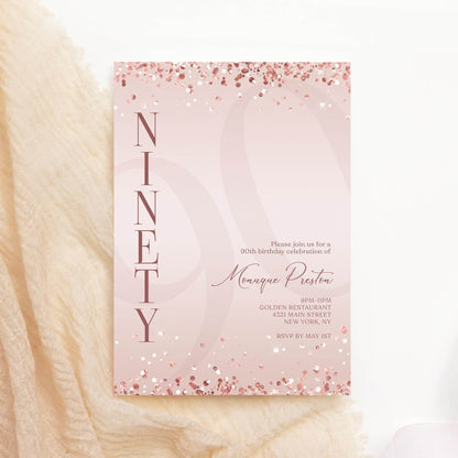 Pink Rose Gold 90th Birthday Invitation Template – Editable Ninety Birthday Party Invite – Printable Surprise Party Card – Email & Text Digital Download