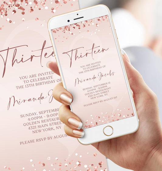 Editable 13th birthday invitation in pink with rose gold confetti, Digital sweet 13 invite template for text message or email, Modern pink and rose gold birthday invitation for teen girl, Instant download 13th birthday digital invitation template, Phone-friendly rose gold confetti party invitation, Customizable birthday invitation for 13-year-old girl, Electronic 13th birthday evite with pink background