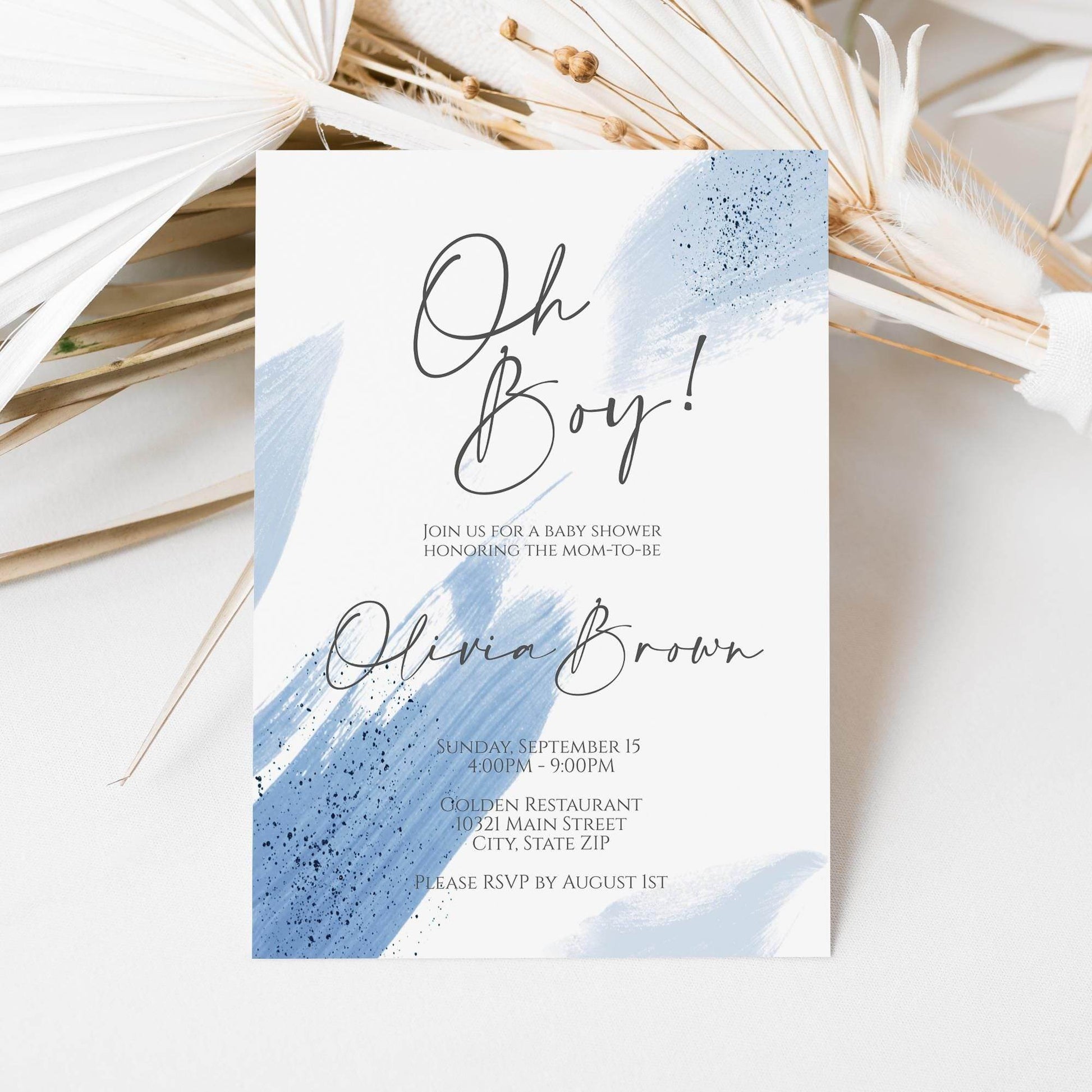 Oh Boy Baby Shower Invitation Template – Printable Blue Watercolor Baby Shower Invite | Editable Boy Baby Shower Template | Instant Download