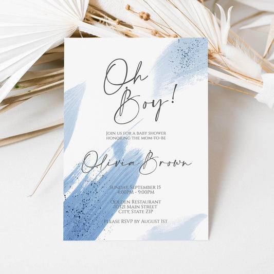 Oh Boy Baby Shower Invitation Template – Printable Blue Watercolor Baby Shower Invite | Editable Boy Baby Shower Template | Instant Download