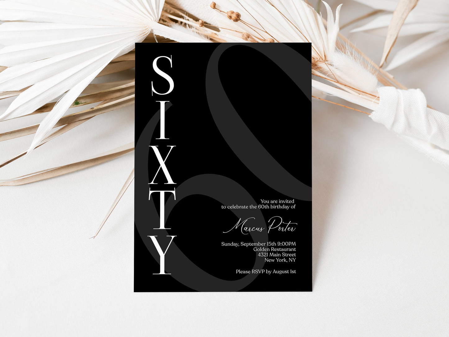 Black 60th Birthday Invitation Template - Editable & Minimalist