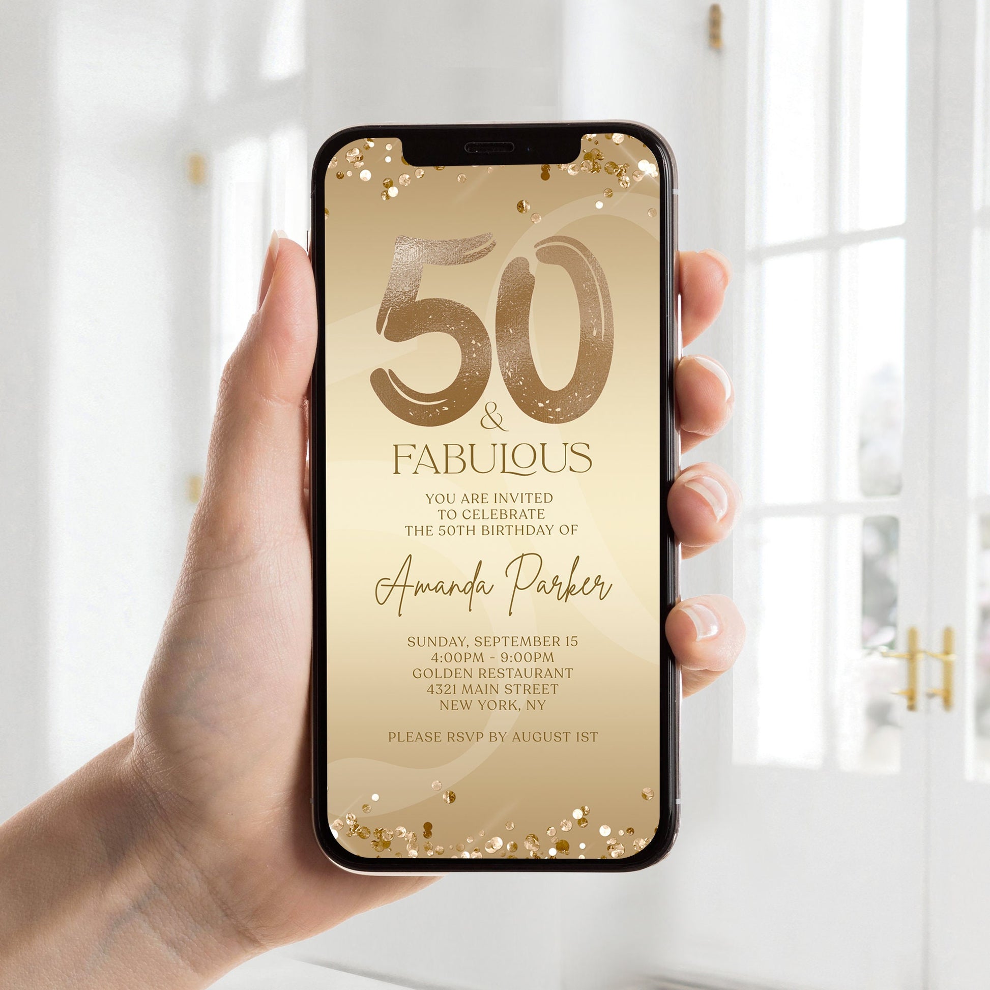 Digital Fifty and Fabulous Dinner Party Invite, 50th Birthday Invitation, Editable Gold Ladies Evite, Electronic Phone Text Message Evite