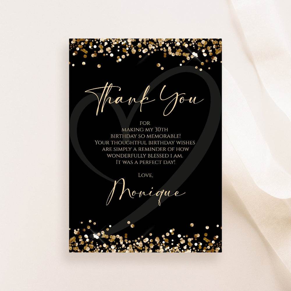 Black & Gold Thank You Card Template – Editable Birthday or Anniversary Notecard | Printable Thank You Card | Instant Digital Download