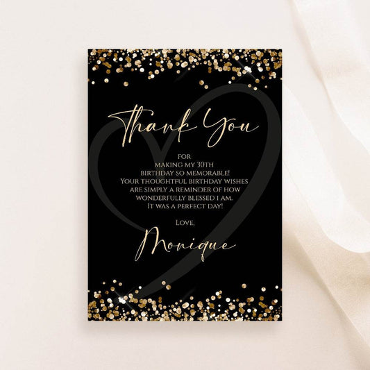 Black & Gold Thank You Card Template – Editable Birthday or Anniversary Notecard | Printable Thank You Card | Instant Digital Download