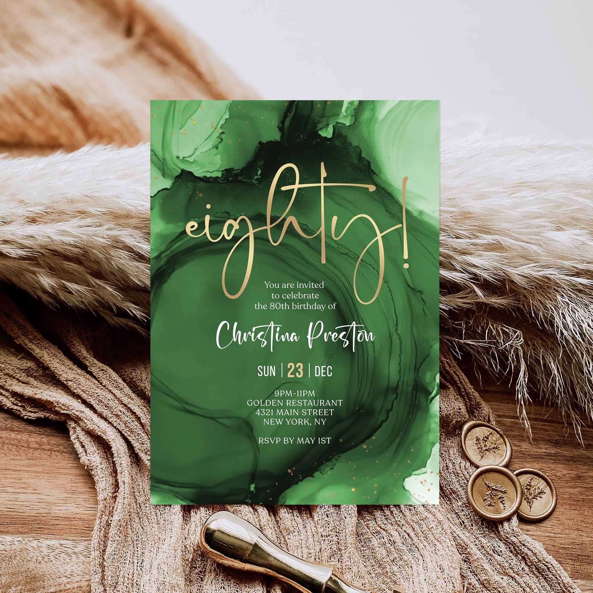 Green Emerald Gold 80th Birthday Invitation Template, Printable & Editable Surprise Birthday Invite, Digital Download