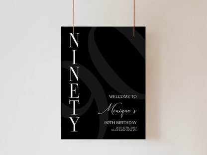 Simple Black 90th Ninety Birthday Welcome Sign Template, Printable Minimalist Birthday Welcome Sign, Editable Welcome Poster, Birthday Decor