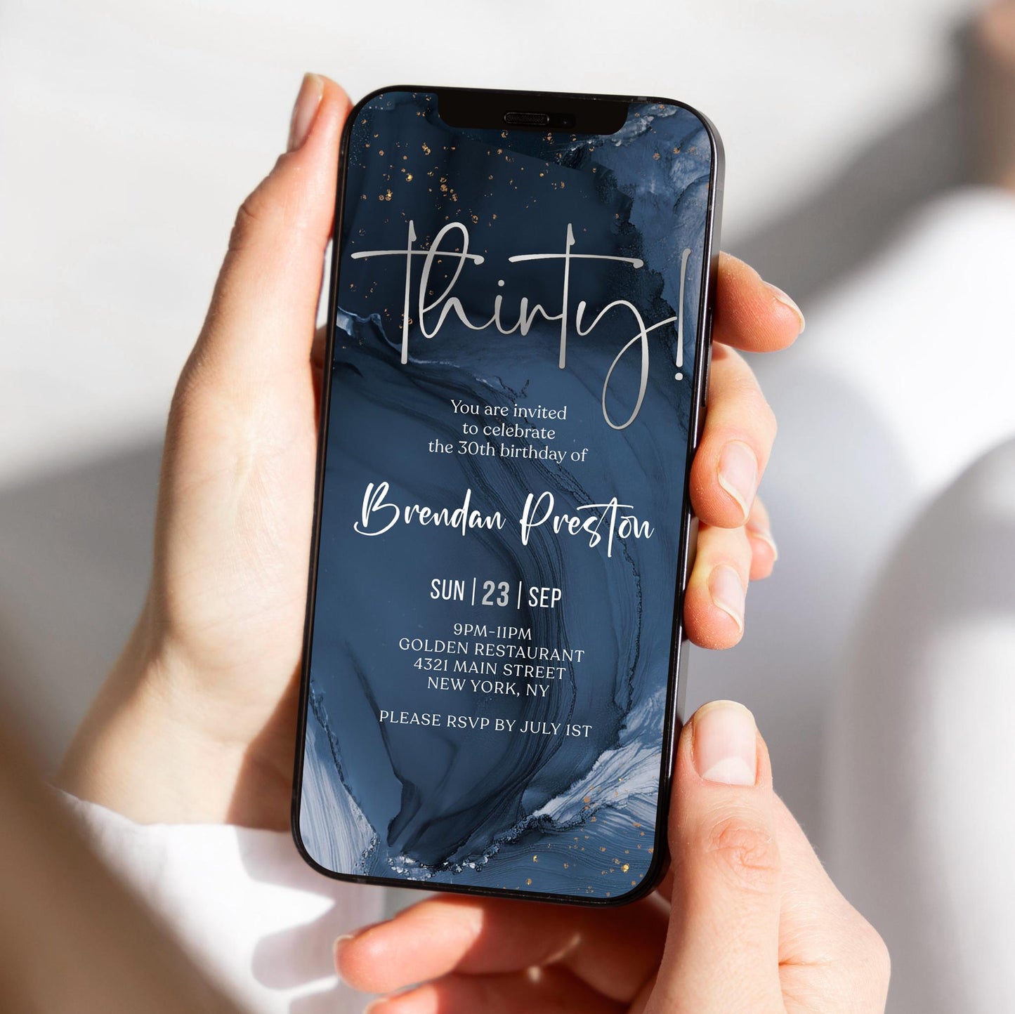 Digital Blue Navy Silver 30th Thirty Birthday Invitation Template, Man Editable Invite, Electronic Template eCard, Email Text Message Evite
