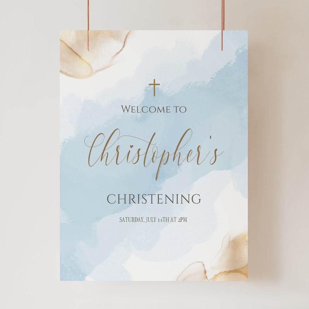 Boy Christening Welcome Sign Template – Printable Blue & Gold Baptism Welcome Poster | Editable Christening Sign | Instant Download