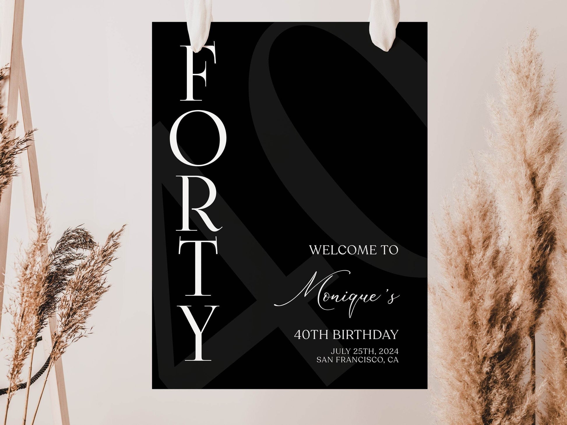 Simple Black 40th Birthday Welcome Sign Template, Minimalist Printable Party Poster, Editable Forty Birthday Decoration, Instant Download