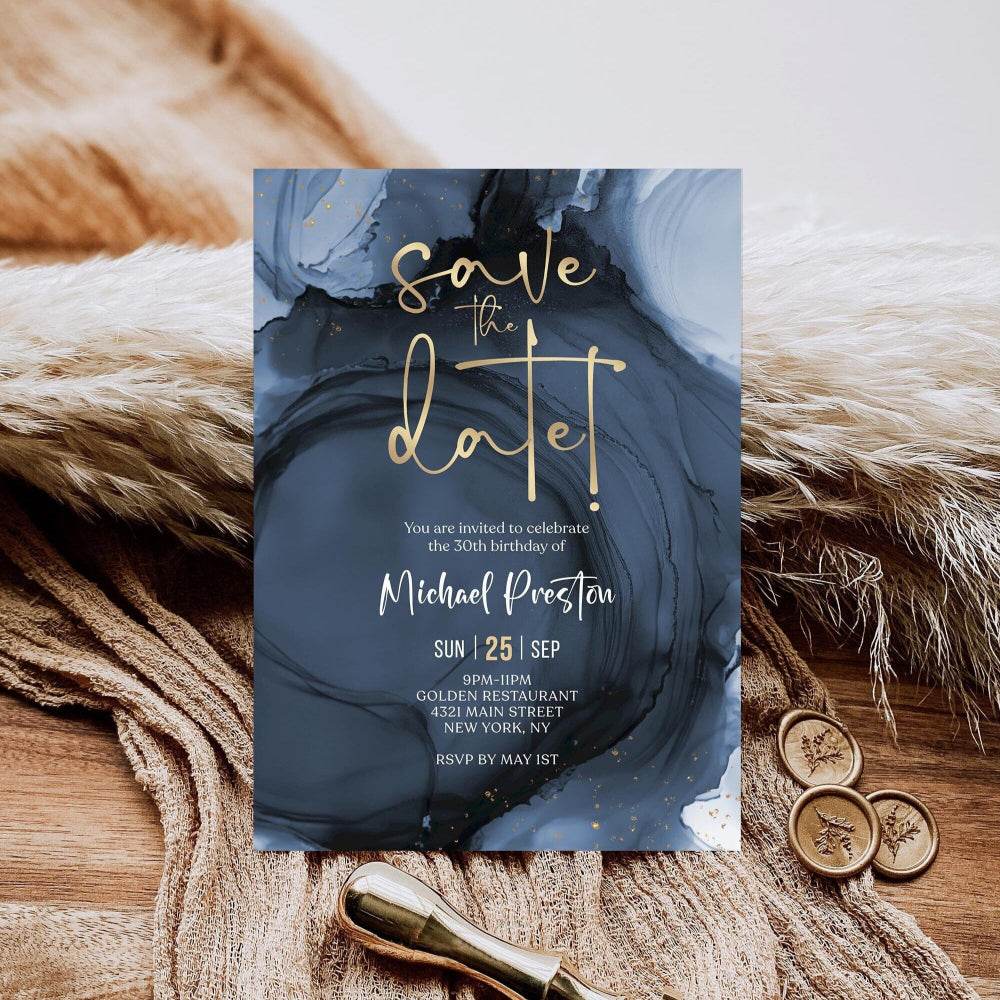 Navy Blue Gold Save the Date Invitation Template – Editable Birthday Party Announcement Card, Printable Modern Digital Invite Download